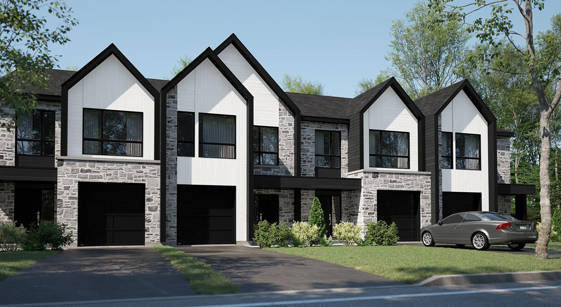 Façade extérieure de maisons de ville neuves au projet immobilier Jardins du Coteau de Mascouche – Habita Nord-Est