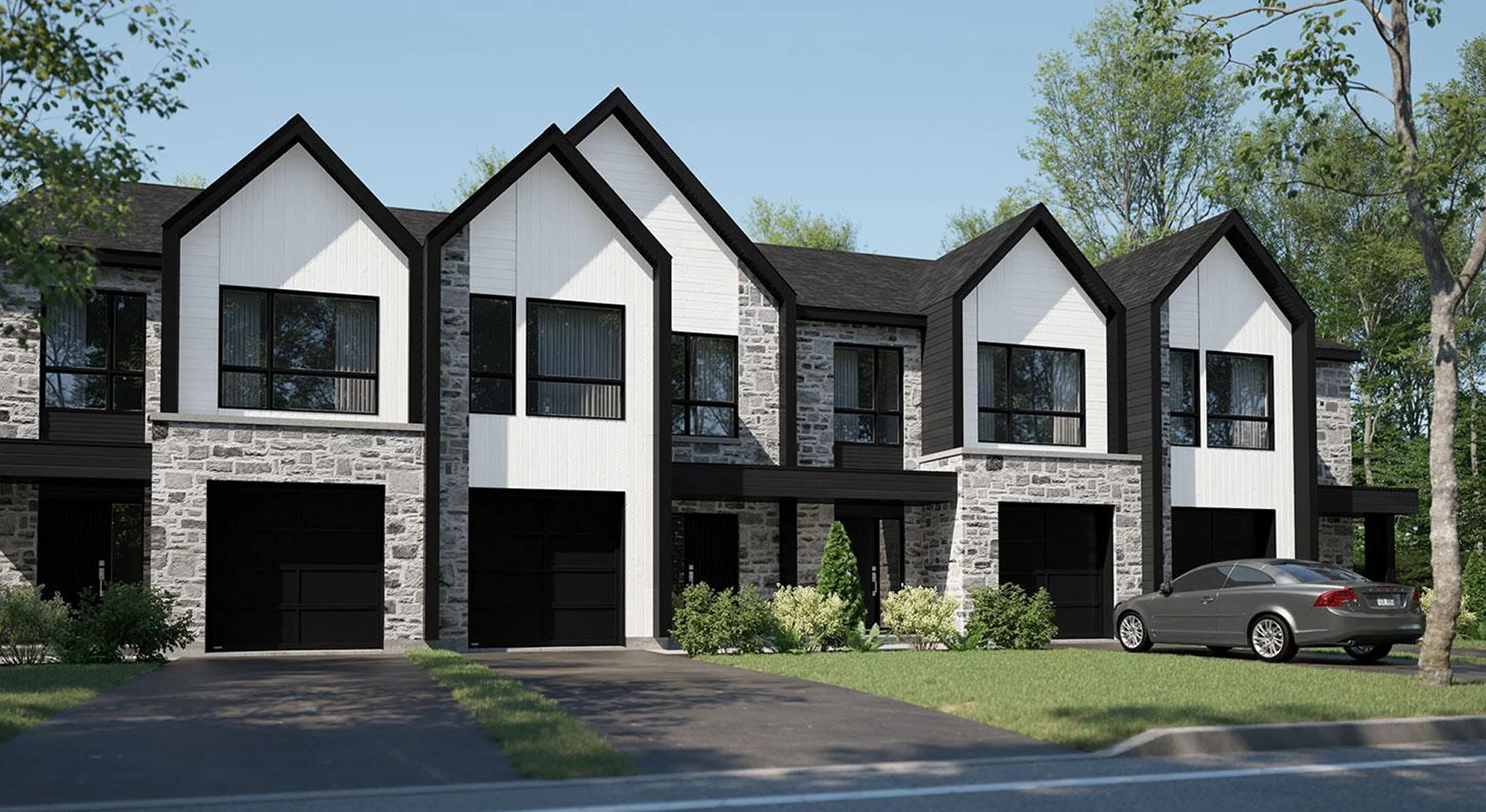 Façade extérieure de maisons de ville neuves au projet immobilier Jardins du Coteau de Mascouche – Habita Nord-Est